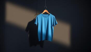 Blue T-Shirt Hanging on a Wooden Hanger Against a Dark Background photo