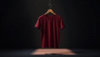 A maroon t-shirt hanging on a wooden hanger in a dark room with a spotlight on the floor photo