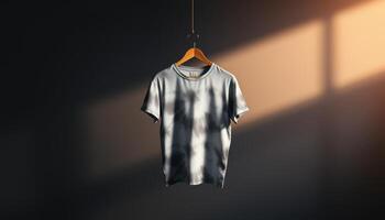 A White T-Shirt Hangs on a Wooden Hanger Against a Brown and Gray Background photo