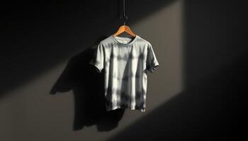Tie-Dye T-Shirt Hanging on Wooden Hanger Against a Dark Background photo
