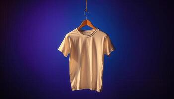 A Blank Beige T-Shirt Hanging on a Wooden Hanger Against a Deep Blue Background photo