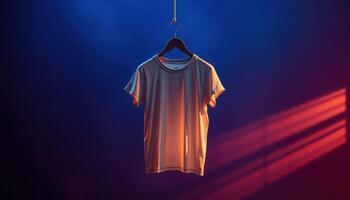 A White T-Shirt Hanging on a Hanger Against a Blue and Red Background photo