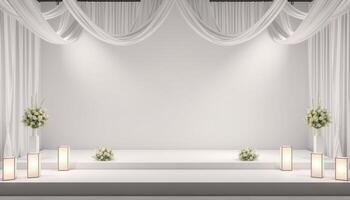 White Stage Decor with Drapes, Flowers, and Lanterns photo