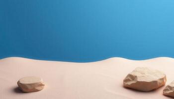 Two Beige Rocks on a Sand-Colored Surface with a Blue Background photo