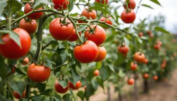 Ripe Red Tomatoes Growing On Vine In Garden photo
