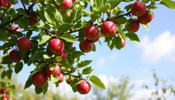 Red Apples Hanging On A Tree Branch photo