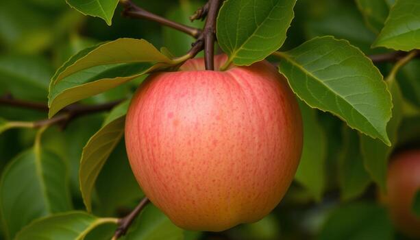 A Single Red Apple Hanging From A Branch photo