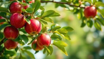 Red Apples Growing On A Tree Branch With Lush Green Leaves photo