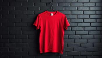 Red T-Shirt Hanging on Black Brick Wall photo