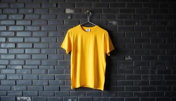 Yellow Tshirt Hanging on a Brick Wall for mockup photo