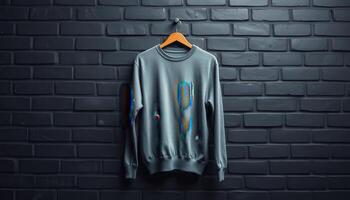 A Grey Sweatshirt Hanging on a Wooden Hanger Against a Brick Wall photo