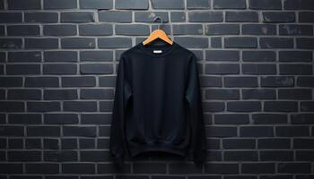 Black Sweatshirt Hanging on a Wooden Hanger Against a Brick Wall photo