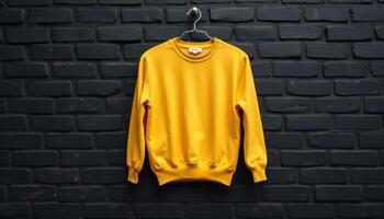 Yellow Sweatshirt Hanging on a Black Brick Wall photo