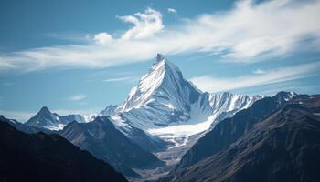 Majestic snow capped mountain peak under a blue sky photo
