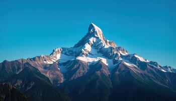 Majestic Snowcapped Mountain Peak Against Clear Blue Sky photo