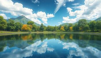 Serene Mountain Lake Reflecting Clouds And Sky photo