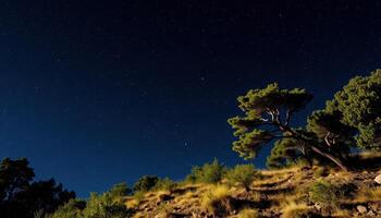 Starry Night Sky Over a Hillside with Silhouetted Trees photo
