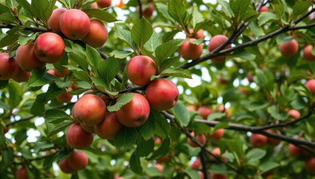 Red Apples Growing Abundantly On A Lush Green Tree photo