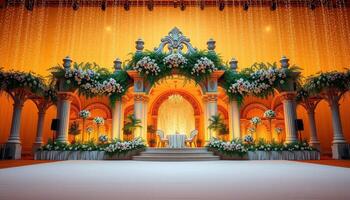 Ornate Wedding Ceremony Stage Decorated with Flowers and Columns photo