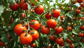 Ripe red tomatoes growing on a plant photo