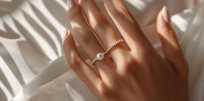 Elegant Pearl Ring on a Woman's Hand. photo