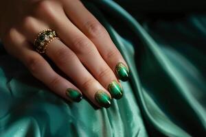 Emerald Green Nail Art with Gold Glitter. photo