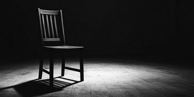 A single chair in a dark room, illuminated by a spotlight. photo