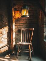 Rustic Lantern Light in a Brick Room. photo