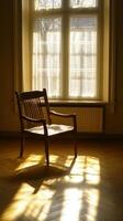 A solitary chair bathed in golden sunlight streaming through a window.. photo
