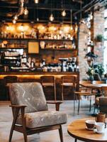 Cozy Cafe Interior with Armchair and Wooden Table. photo