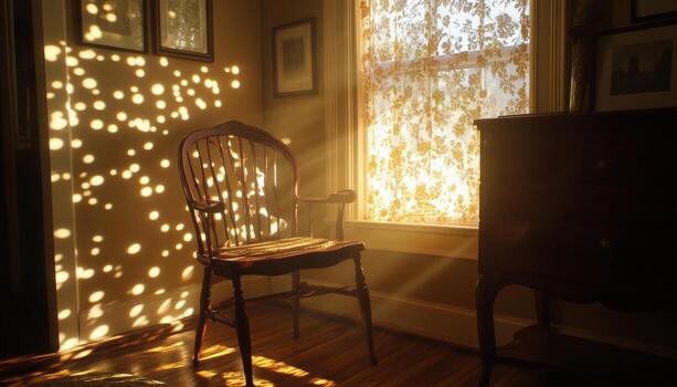 Sunlight streaming through a window in a classic interior, illuminating a wooden chair and creating a warm and inviting atmosphere.. photo