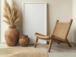 Bohemian Interior Design with Wicker Chair. photo