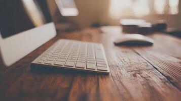 A Modern Workspace with a Sleek Keyboard and Mouse. photo