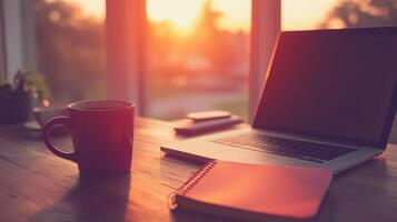 Laptop, Coffee, and Notebook on a Wooden Table. photo
