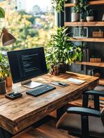 Modern Home Office Desk with Computer and Plants. photo