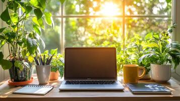 Laptop Workspace With Sunlight Streaming Through Window. photo