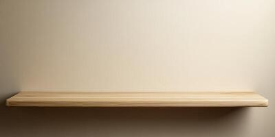 Empty Wooden Shelf Against a Beige Wall. photo