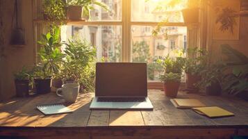 Cozy Home Office Workspace with Sunlight Streaming In. photo