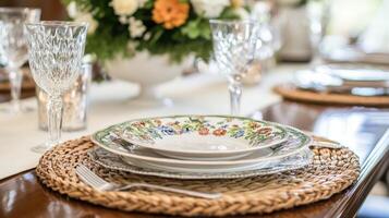Elegant Table Setting with Floral Plates. photo
