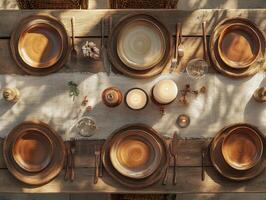 Rustic Table Setting with Wooden Plates and Candles. photo
