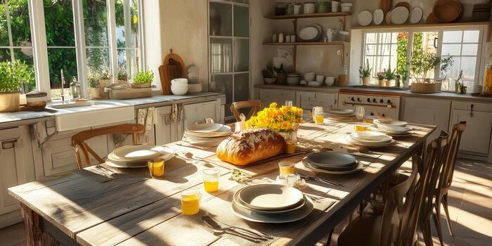 Rustic Kitchen Table Setting. photo