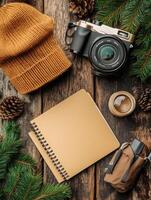Flat Lay Photography with a Camera, Notebook and Nature Elements. photo