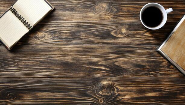 Wooden Table with Notebook, Coffee, and Book. photo