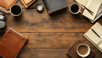 Vintage Office Workspace with Coffee and Books. photo