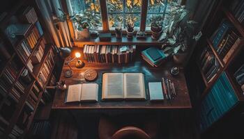 Cozy Reading Nook With Books and a Desk Lamp. photo