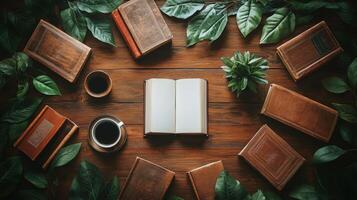 Cozy Reading Nook With Books, Plants, and Coffee. photo
