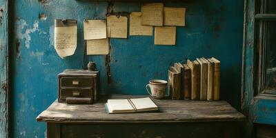 Vintage Desk with Books and Notes. photo