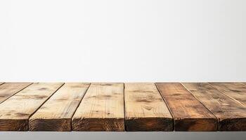 Rustic Wooden Tabletop Against White Wall. photo