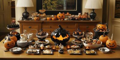 Halloween Table Setting with Pumpkins and Treats. photo