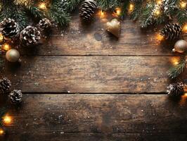 Festive Christmas Background Rustic Wood, Twinkling Lights, and Pine Cones. photo